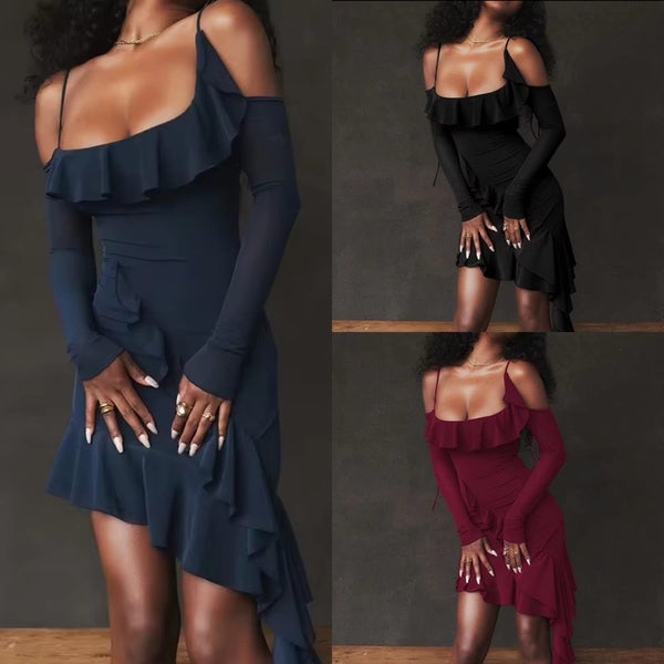 Cross-border European and American new perspective pure desire ruffle leaf edge suspender dress, streamer hip-wrapped Spice Girl irregular short skirt