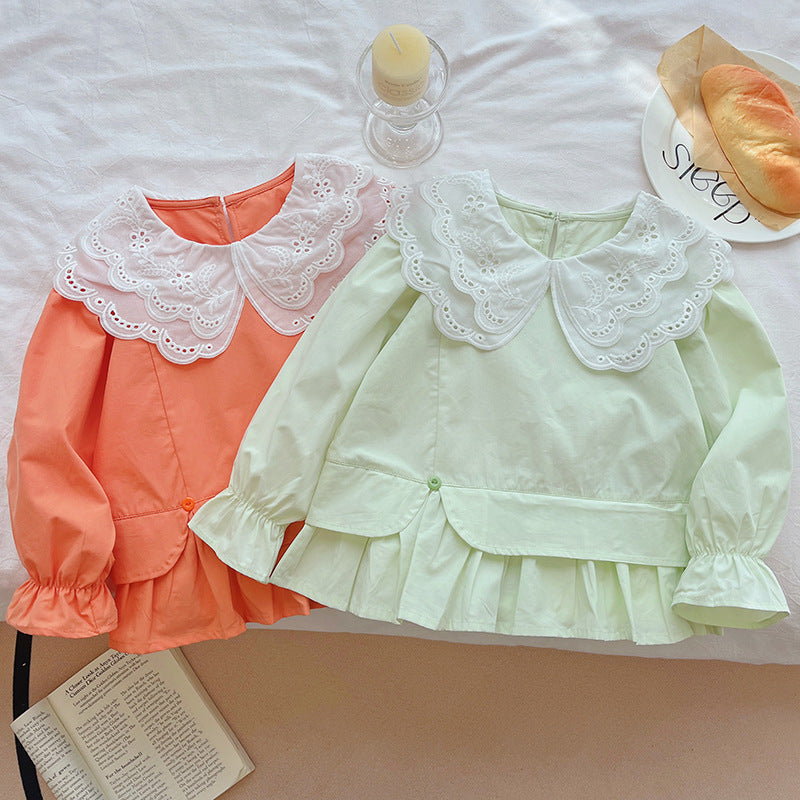 Girls'  autumn new collection: korean-style sweet lace peter pan collar faux two-piece shirt, long-sleeved spring/autumn top - trendy