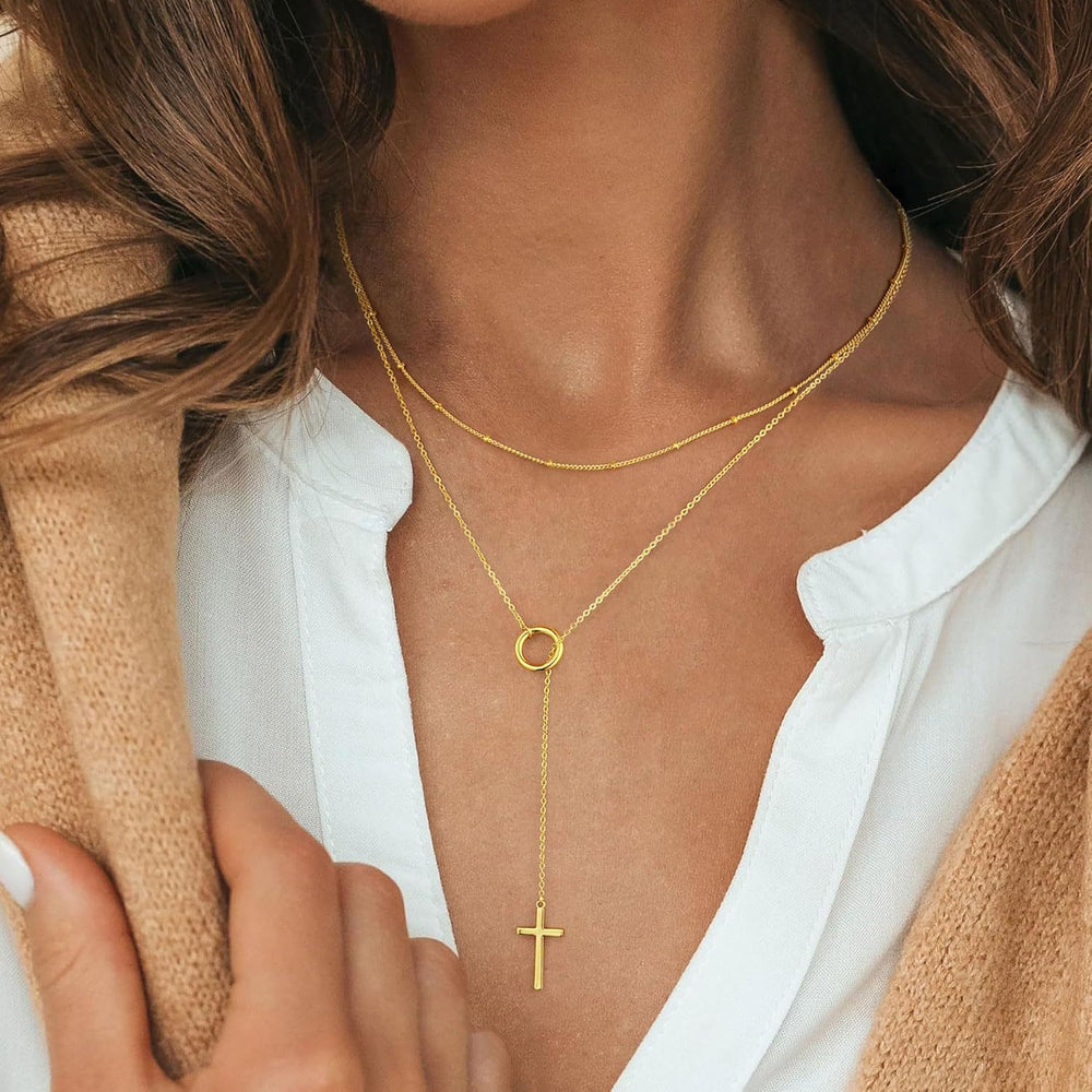 European and american cross-border hot-selling fashionable minimalist stackable cross double-layer necklace gold silver round bead chain choker