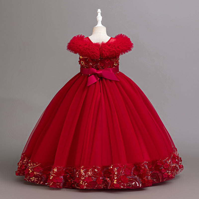 export girls' formal dress with lace and mesh – perfect for piano recitals, festive celebrations, and elegant hostess outfits – wholesale available