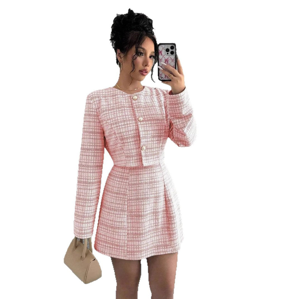 Fall and winternew arrivaleuropean and american clothing single-breasted shortoutwear+frenchretro tweed styledresstwo-piece set for women