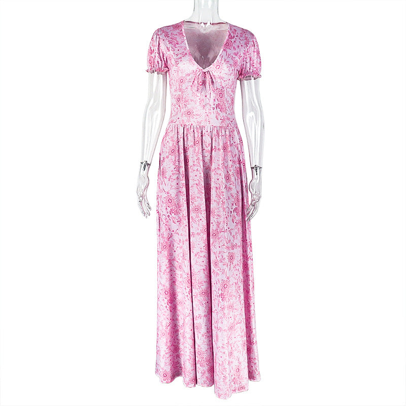 European and american style cross-border sweet & fresh women's printed elegant a-line dress with ruched v-neck and chic puff sleeves