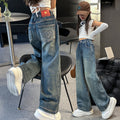 Girls' pants - spring/autumn  new arrival: trendy retro-style loose-fit jeans for mid-to-large children, wide-leg design