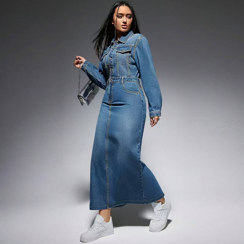 European and american new arrival cross-border women's clothing   long sleeve lapel button slit long fashionable dress for women