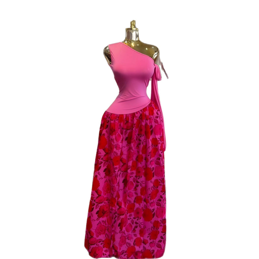 European and american cross-border women's fashion:  autumn new sleeveless asymmetrical neck slim-fit printed pleated elegant long dress