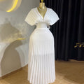 European and american women's clothing  summer new arrival: elegant pleated v-neck batwing sleeve high-waisted a-line maxi dress