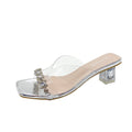 Accessible luxury rhinestone transparent high heel one-strap slippers thick heel outwear square toe sandals