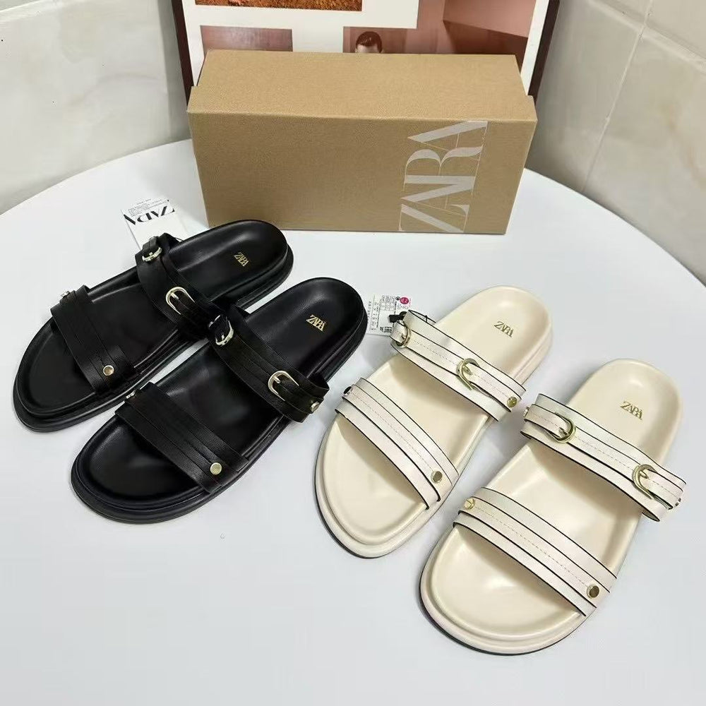 Za2025 summer new arrivals: women's double strap buckle round toe casual flat sandals