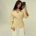 summer new arrival: solid color v-neck long sleeve tie-up top with elastic waist casual women's blouse for cross-border wholesale