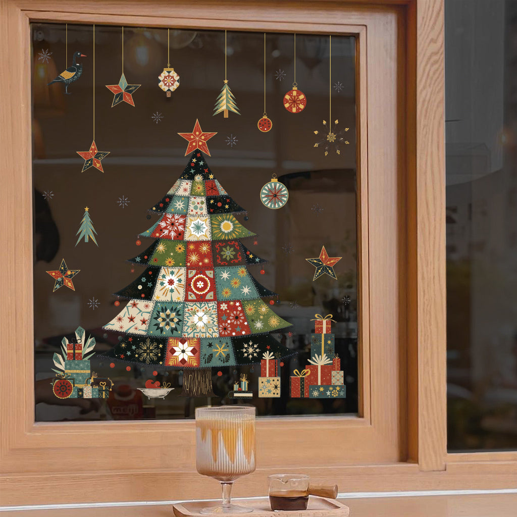 2026 Christmas static glass window sticker Christmas tree gift box star decoration sticker lights pine branch bird sticker