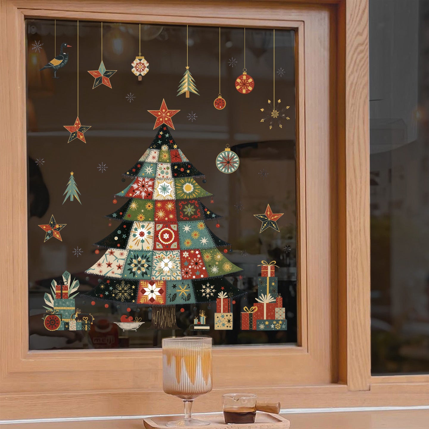 2026 Christmas static glass window sticker Christmas tree gift box star decoration sticker lights pine branch bird sticker