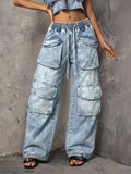 Fashionjeans women's elastic drawstring waist snowflake washed multi-flap pocket pants workwear style loose wide leg denim pants