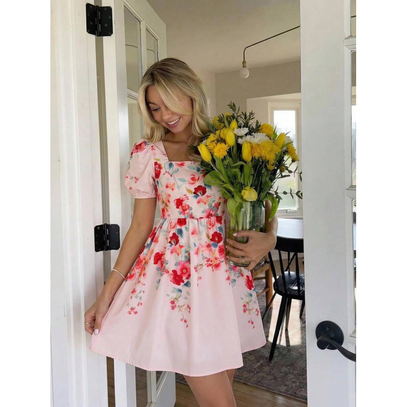 fashionsweetelegant floral casualelegance puff sleeve pastoral style printing holiday dress