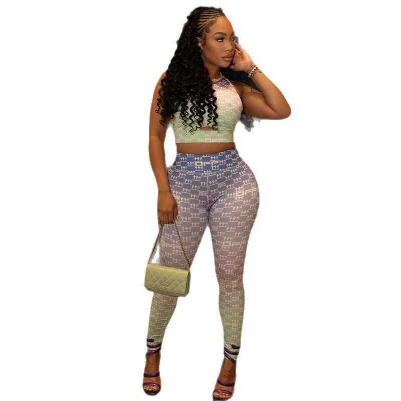 European and american style cross-border activewear women's outfit: cutout slim-fit printed pants and tank top set - two-piece with skinny jeans