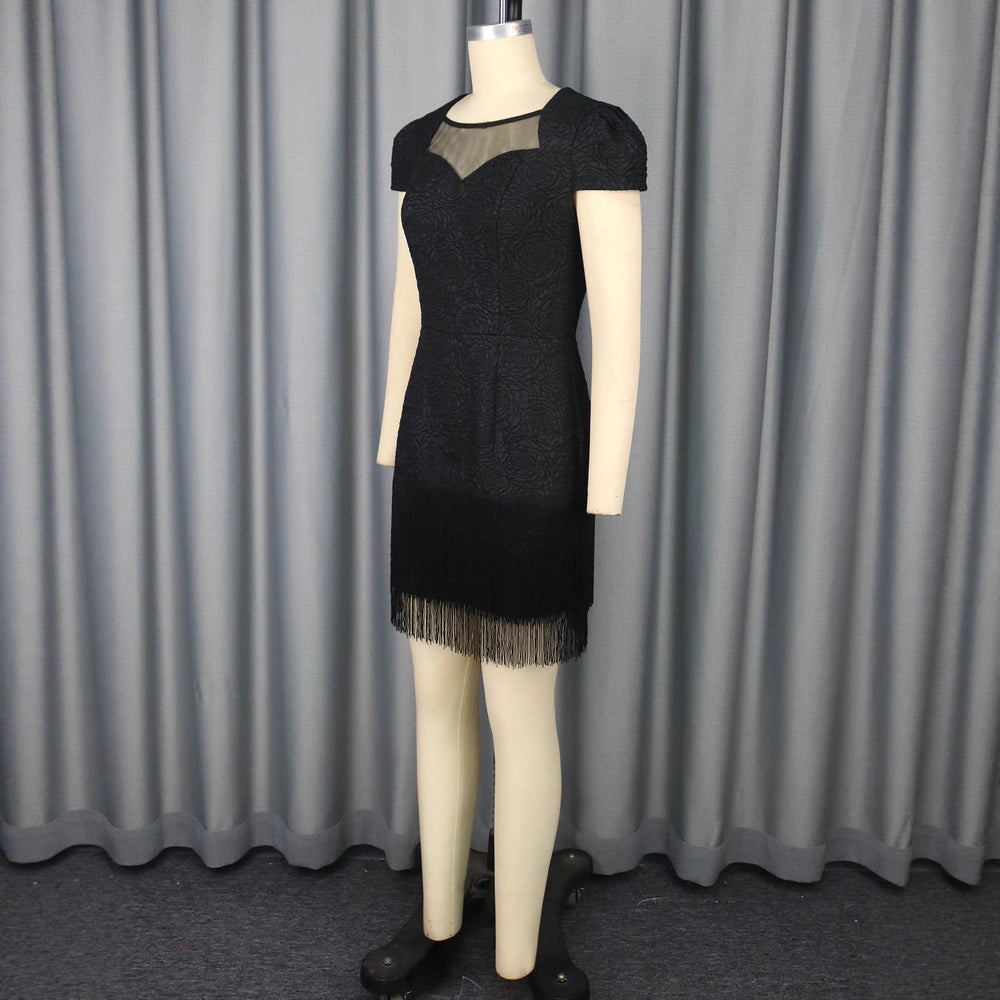 Amazon cutout mesh french black round neck dress - tassel hem elegant evening gown