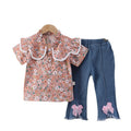 Floral print short-sleeve summer outfit for girls (0-4 years) - includes blouse with shoulder ruffles and denim pants