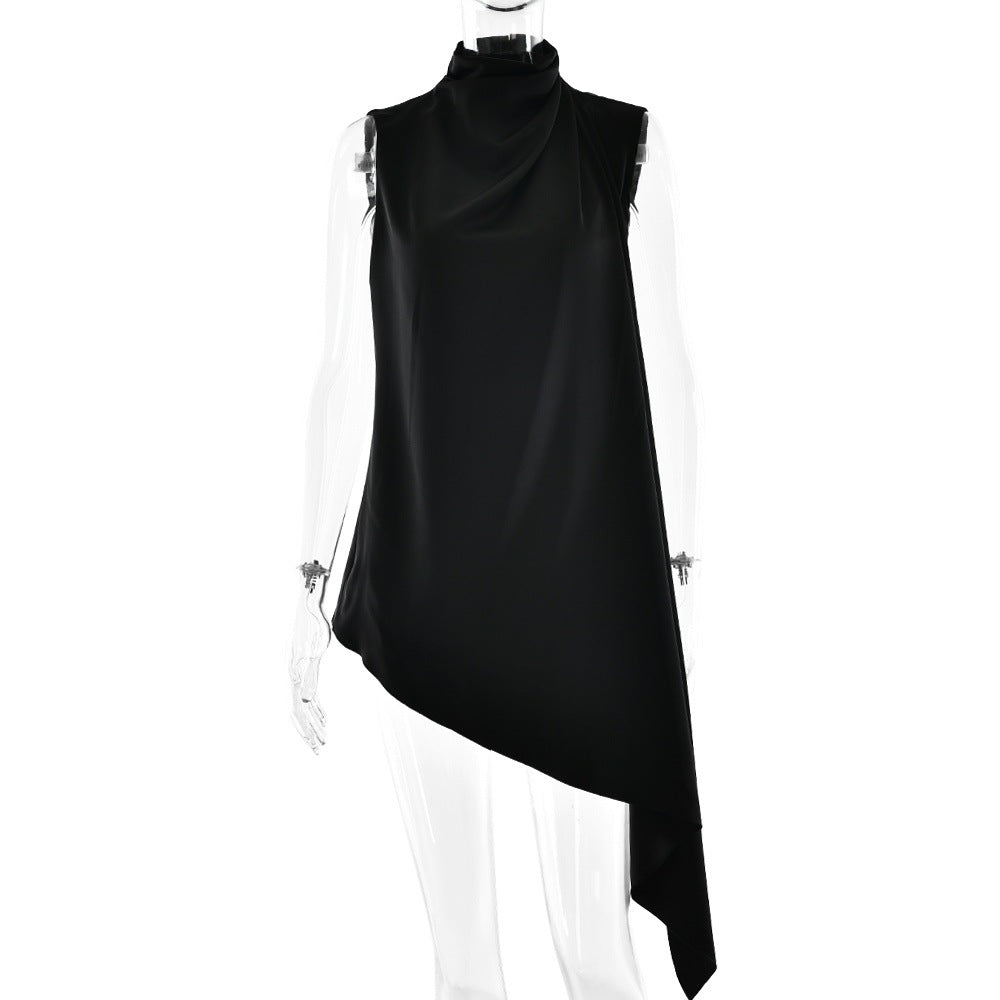 European and American  women's clothing new semi-turtleneck button-up sleeveless top design sense casual temperament irregular T-shirt women