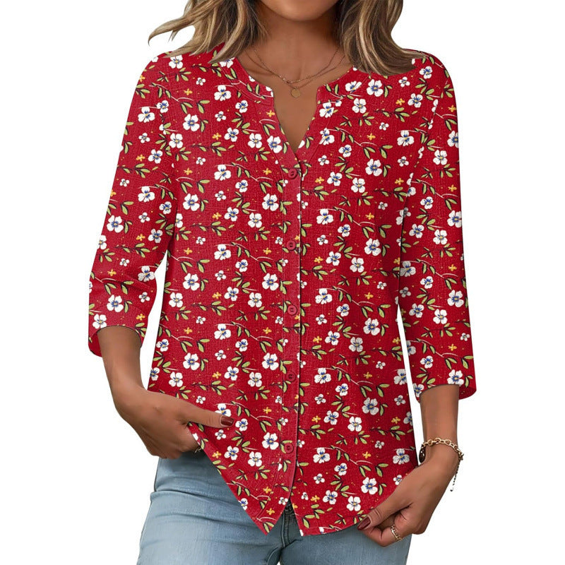 Amazon european goods  summer button-down shirt, three-quarter sleeve v-neck blouse, fashionable casual loose top