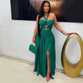 C7762 cross-border  new arrival: halter neck cutout tie-up party evening dress - satin side slit dress