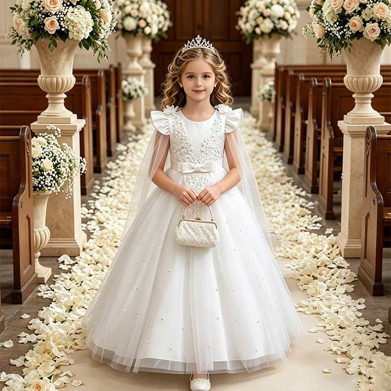 foreign trade girl's dress shawl tulle  new flower girl wedding dress small flying sleeves kids princess dress in stock