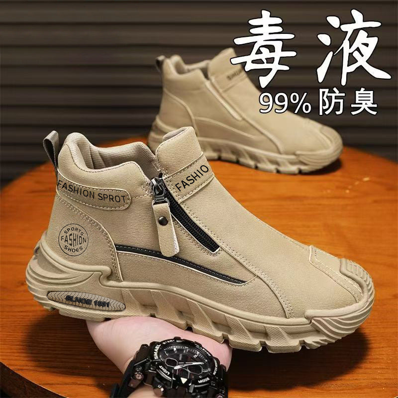 2025 spring new trendy men's anti-slip workwear versatile high-top zip-on slip-on chunky sole casual shoes