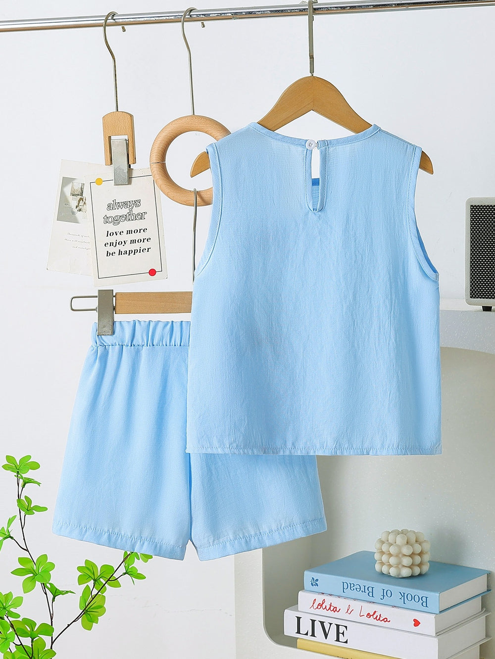 summer girls' sleeveless tank top and shorts set - light blue bow detail two-piece outfit for kids