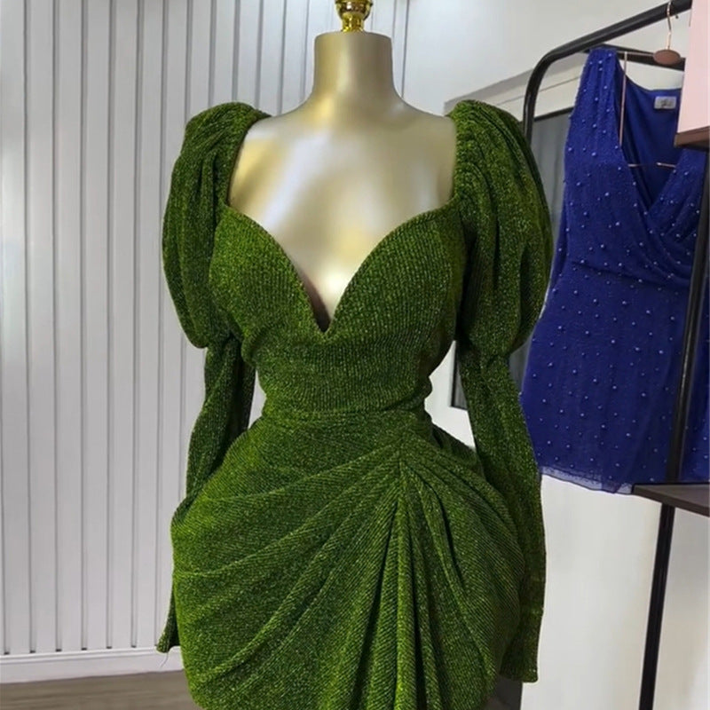 European and american cross-border women's fashion:  summer new arrivals - sexy and elegant v-neck lantern sleeve evening gown bodycon dress