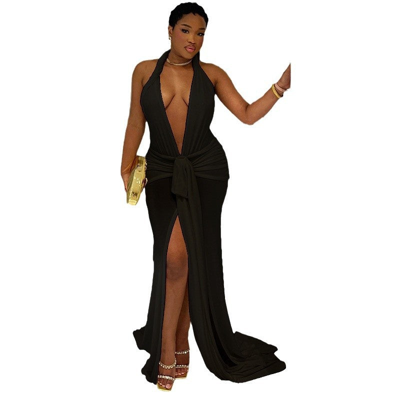 Fashion style insexport women's pure colorsexy sleeveless halterneck tie backbackless slit elegant long skirt dress