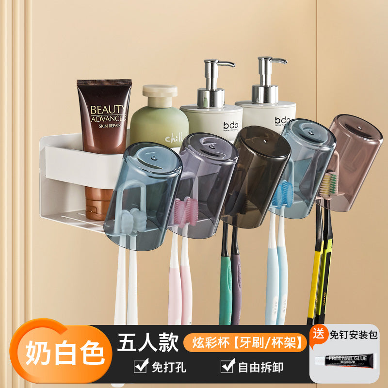 Wide new product toothpaste toothbrush rack, no punching space aluminum bathroom brushing mouthwash cup wall hanging set