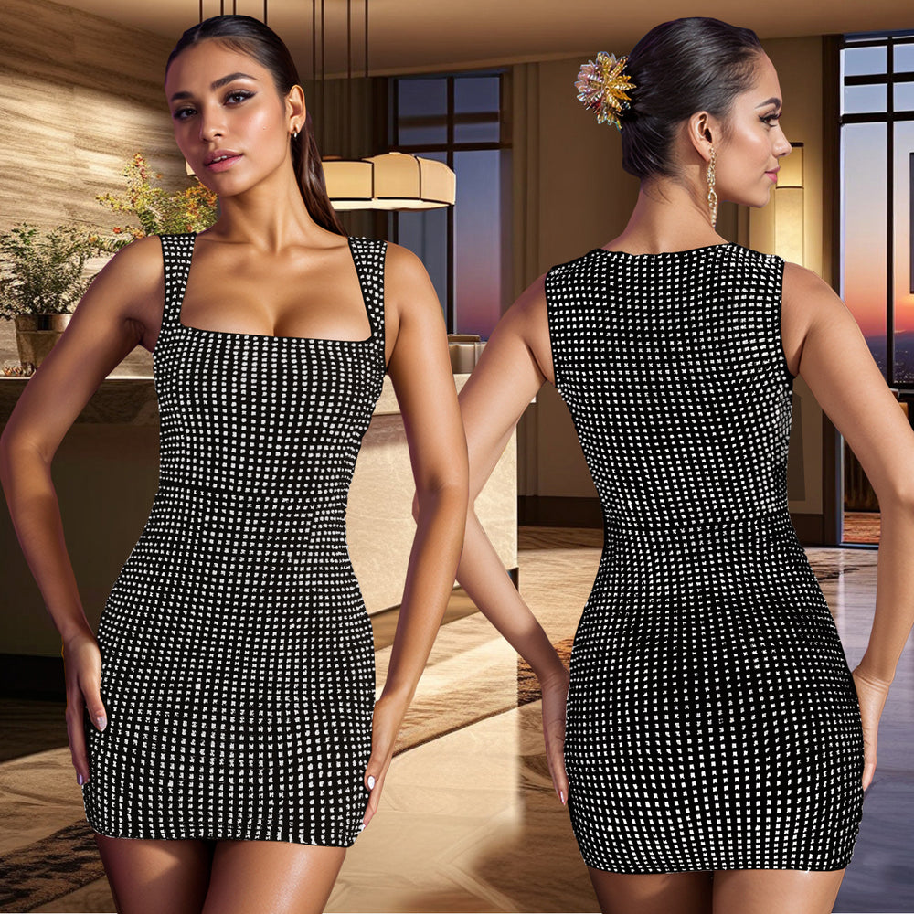 C7109 cross-border   fashion women's hotfix rhinestone camisole sexy slim-fit evening party dress