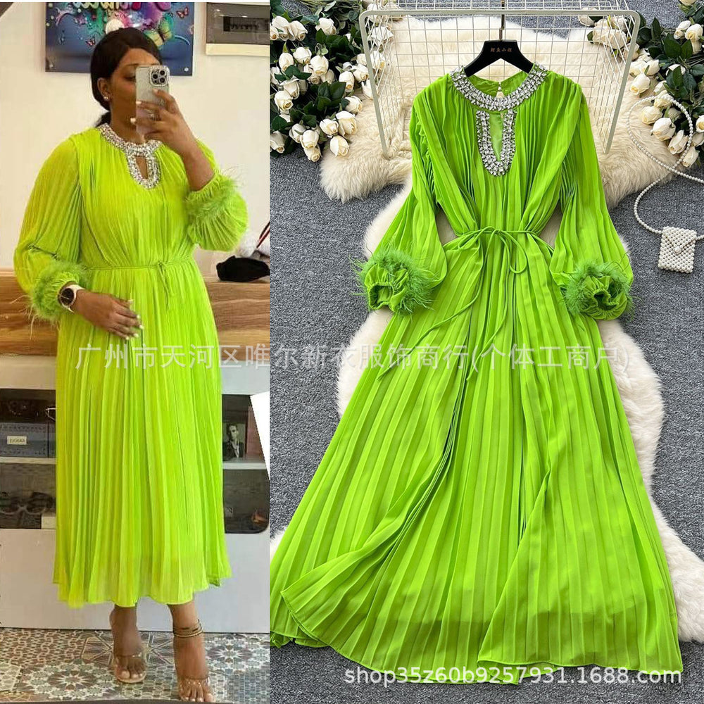 French-style, heavily embellished, diamond-studded, faux fur sleeve, high-end pleated dress - women's loose-fit, tie-waist, elegant long dress