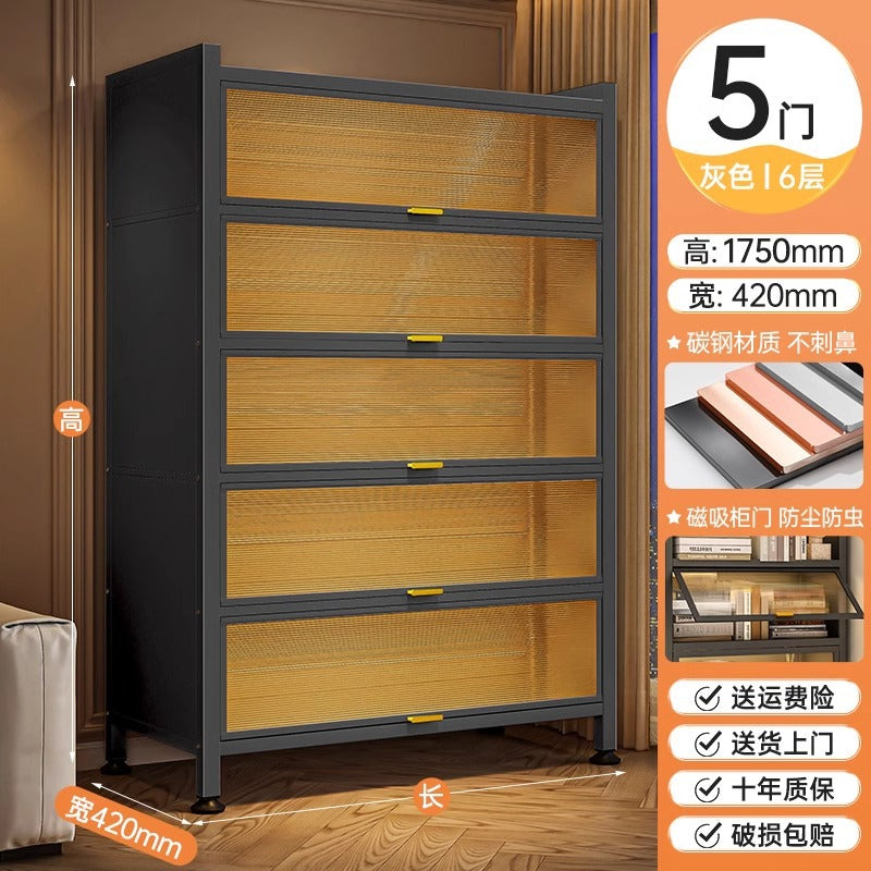 Dustproof iron art flip-door bookcase for home, living room, bedroom, multi-layer floor storage cabinet, student and children's bookshelf organizer