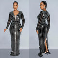 C6809 cross-border   fashion women's solid color rhinestone long sleeve slit maxi dress