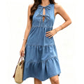 european and american summer new style bowknot sleeveless denim dress - women's european and american fashion trendy ruched mini dress