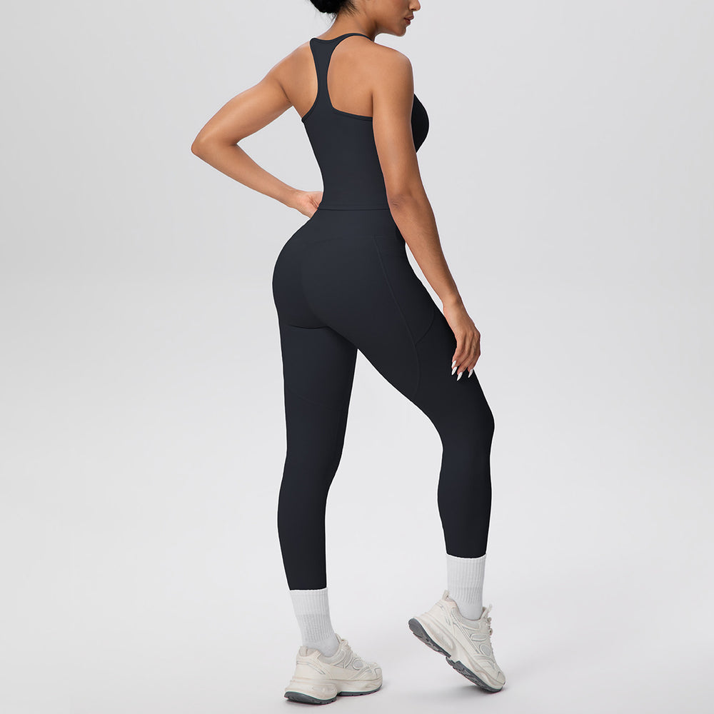 New arrival cross-border brushed back tight i-shaped back flap pocket pants yoga suit sports running fitness two-piece set