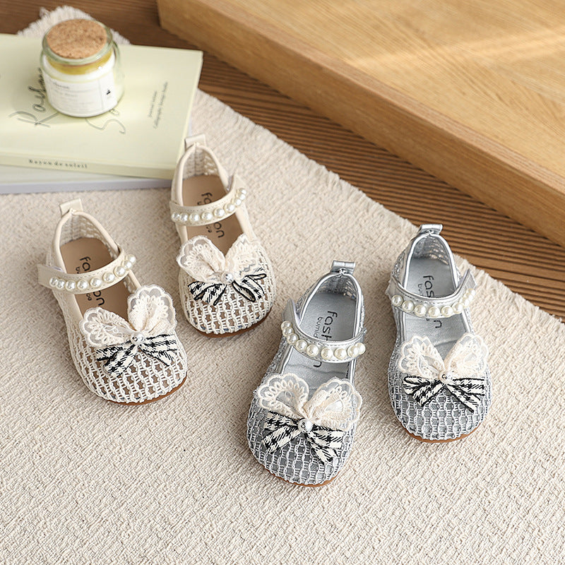 Girls' princess flats - bowknot, rhinestone & pearl embellished, fashionable & breathable sandals - perfect for school, performances & everyday wear (flat sole)