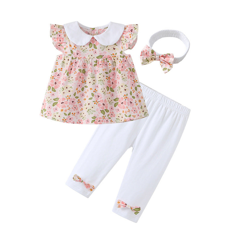 Girls' summer floral outfit: lightweight baby girl's peter pan collar flutter sleeve top and leggings set - sweet and adorable two-piece