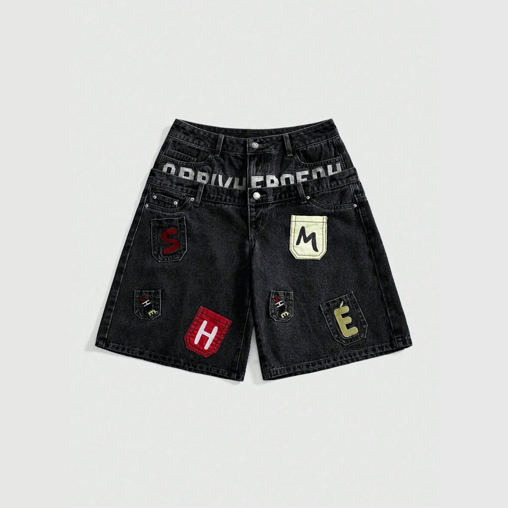 European and american style women's denim shorts - vintage american retro letter patch double-layer waistband loose fit streetwear hip-hop denim shorts