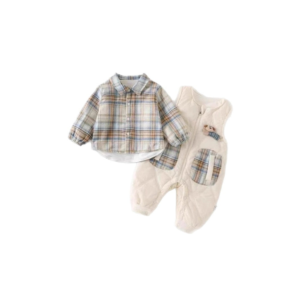 Baby outfit set: unisex romper overalls, infant autumn/winter warm two-piece set, trendy outing clothes