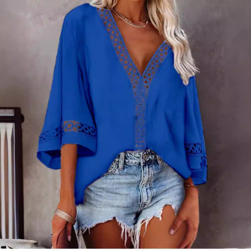 Ready-to-ship european and american style women's tops - new  blouses: v-neck hollow-out lace trim shirts
