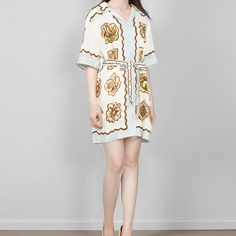 cross-border e-commerce european and american women's clothing: new summer collection - fashionable plant print, collared, tie-waist mini dress