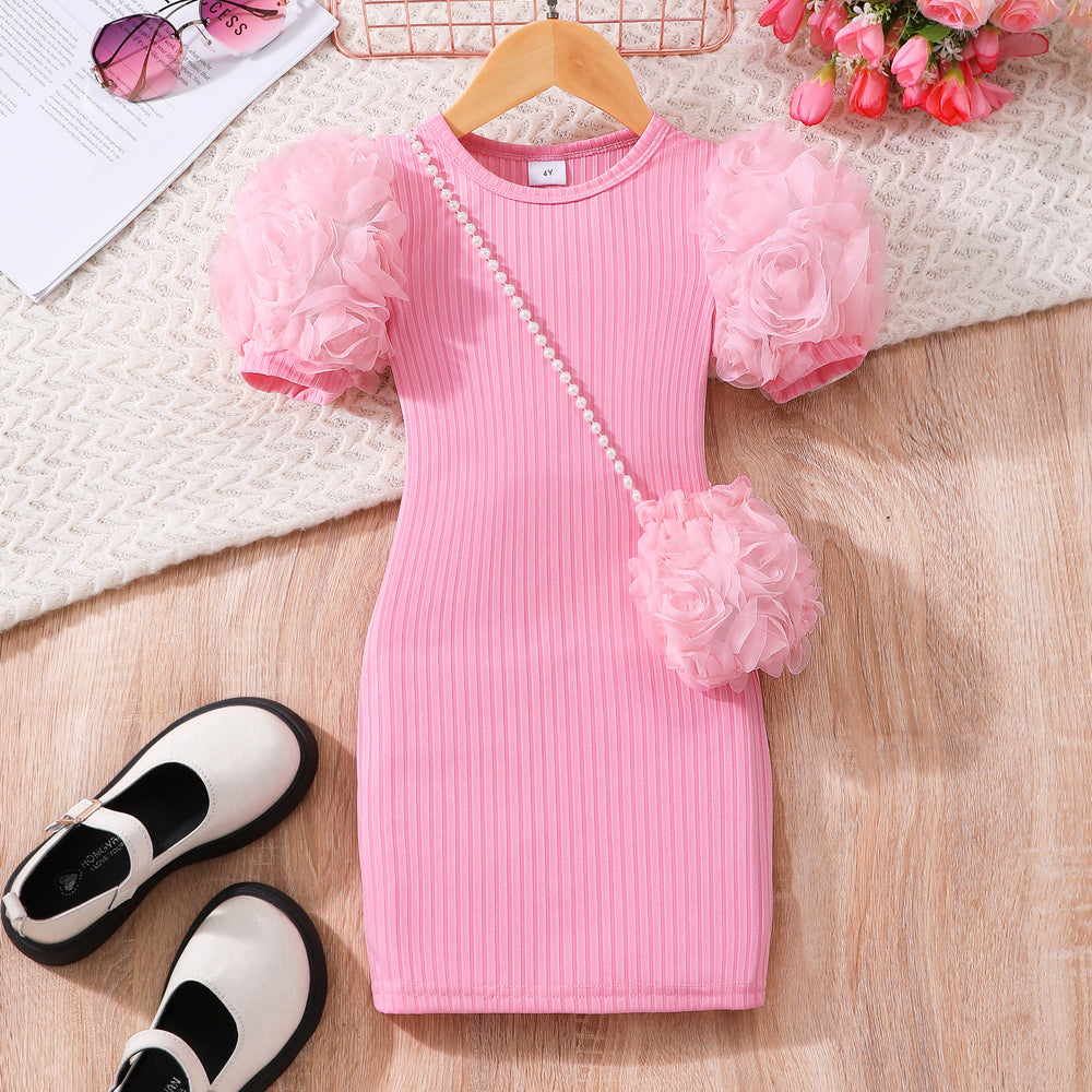 Children's flower short-sleeved dress + flower shoulder bag