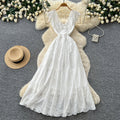 French riviera style v-neck white hollow-out lace trim dress - women's summer high-waisted slimming elegant maxi dress