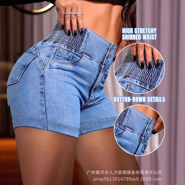 ODL2050 creative European and American women's clothing zipper high waist elastic waist pocket elastic denim shorts