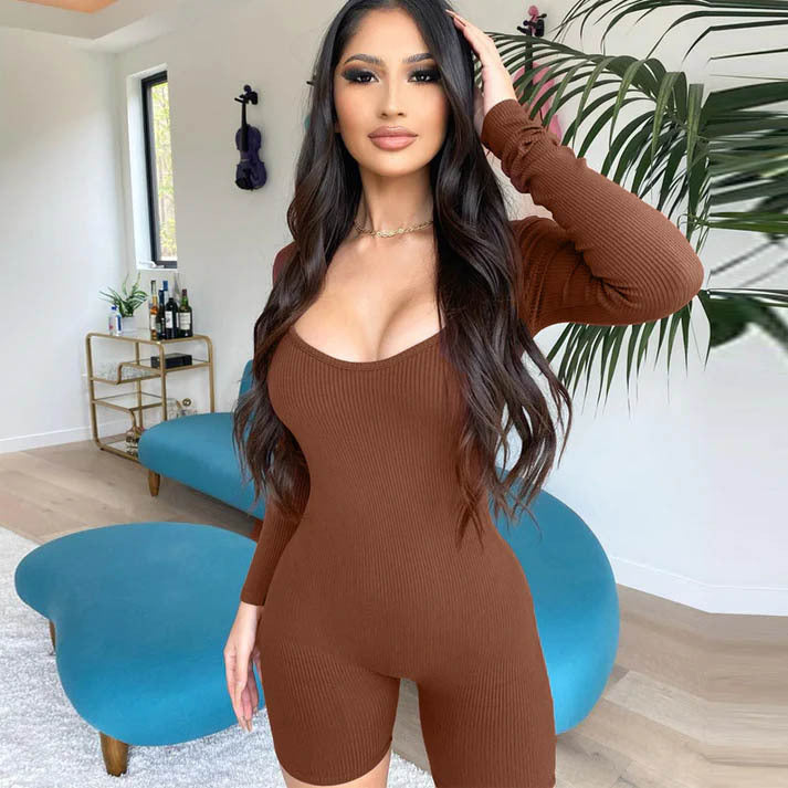 2024  high-end fashion women's clothing new solid color yoga pants threaded integrated leaking back halter long-sleeved shorts