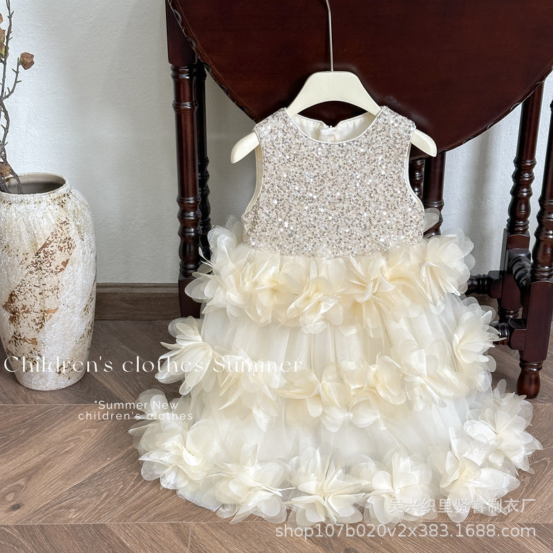 summer girls' dress petal hem high-end formal gown sequined sleeveless soft tulle vest princess dress wholesale
