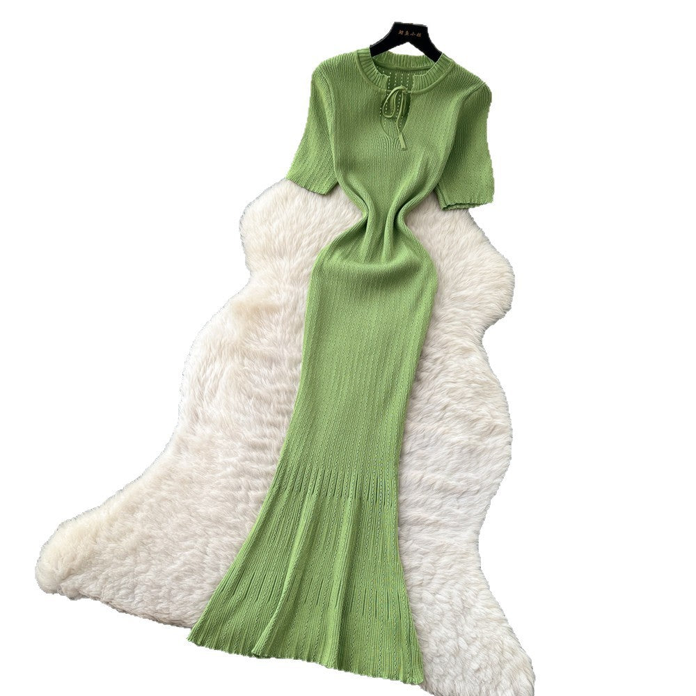 Korean style knitted hollow-out breathable dress - women's summer short sleeve, slim fit a-line maxi dress - mature & elegant style for work and casual wear