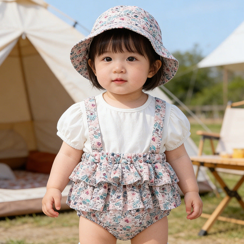 Newborn baby girl summer outfit: pastoral style princess romper - lightweight, two-piece look for outdoor wear
