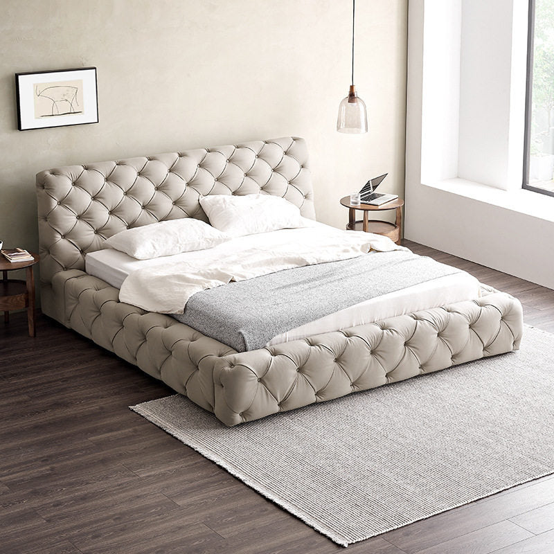 Foshan furniture italian light luxury master bedroom button bed modern casual internet celebrity bed genuine leather cream style double fabric bed