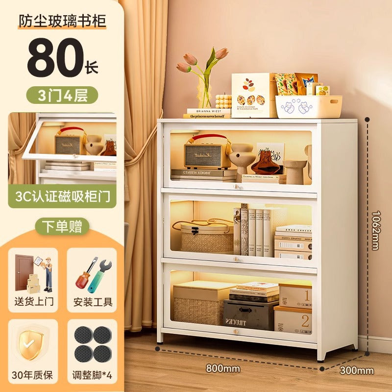 Steel bookcase with glass doors, kids' bookshelf, home living room storage cabinet, dustproof display cabinet, iron art shelf
